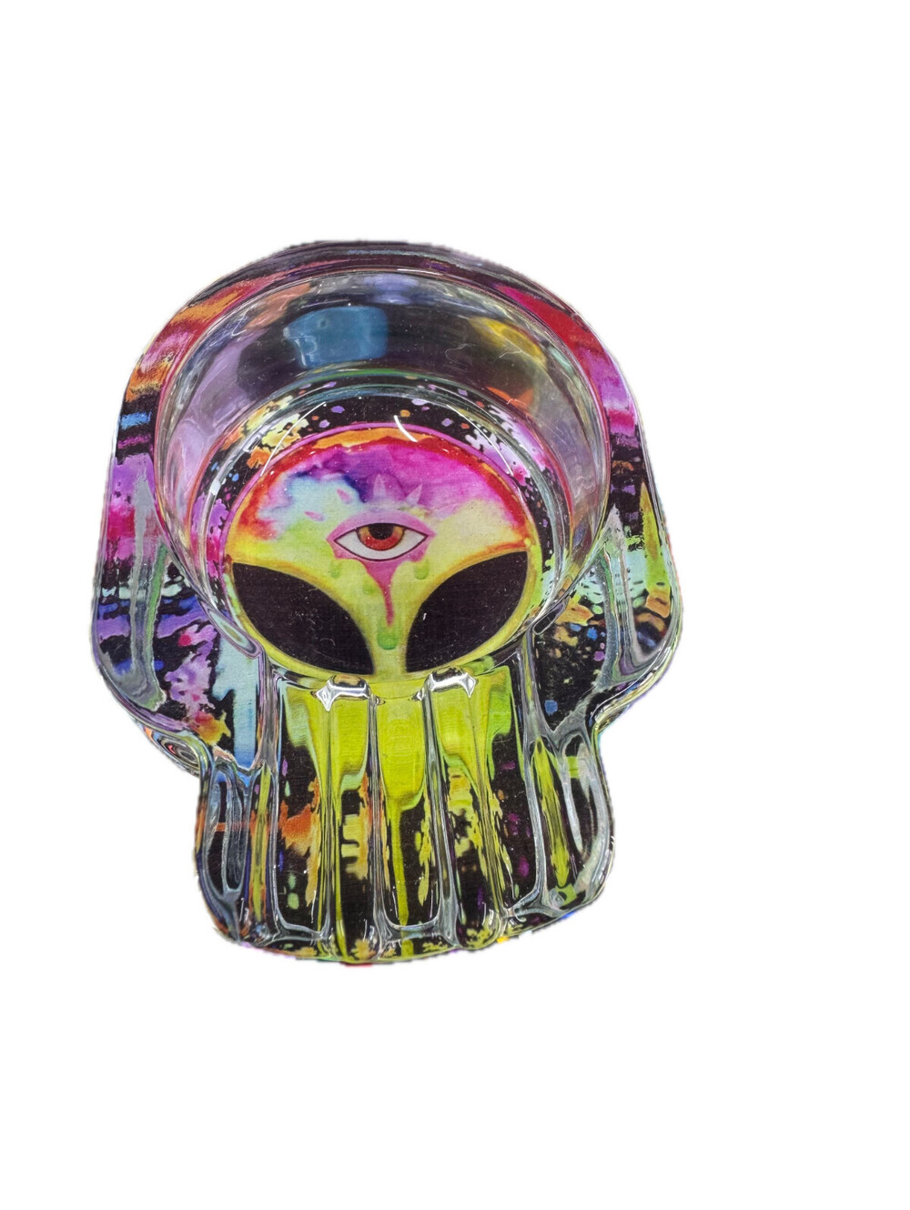 Colorful Vintage Cigar Ashtray Thick Glass Tobacciana Heavy Cut Art -Alien yello